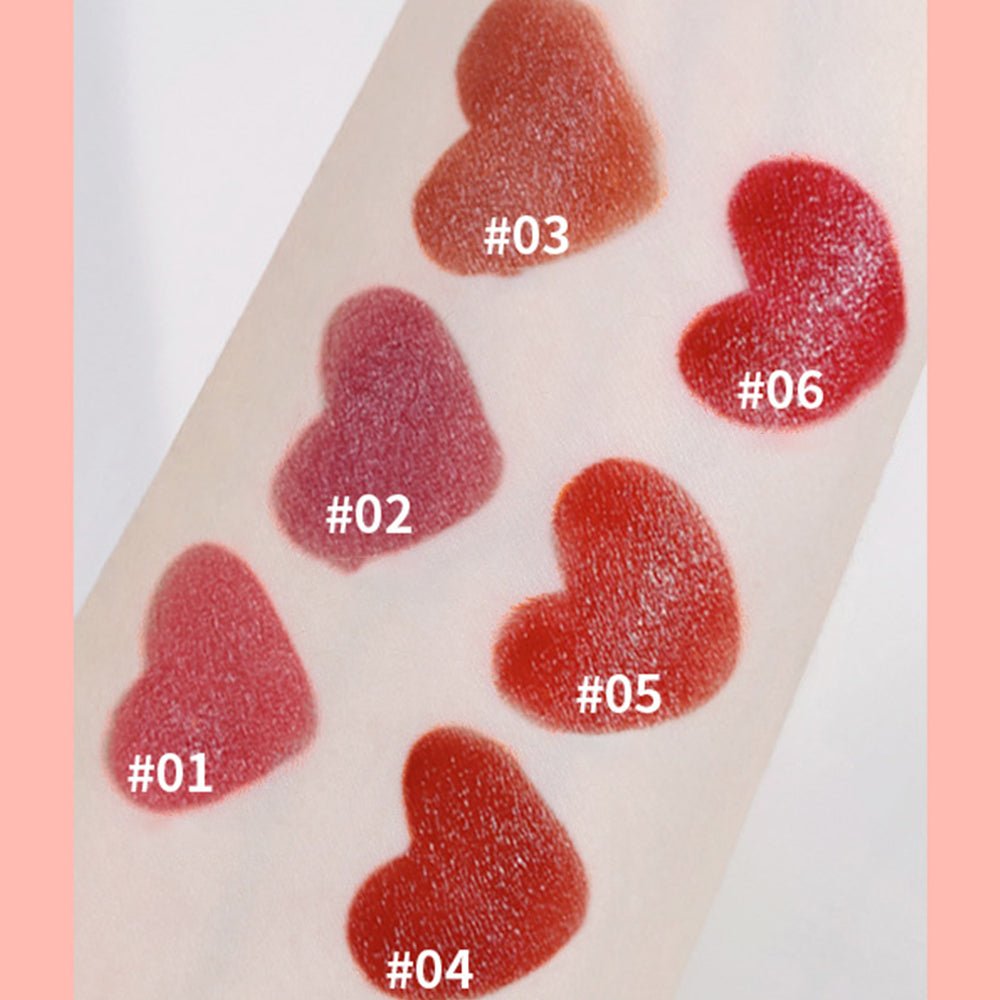 6 Shade Lipstick Arm Swatch: Terracotta Red to Black Cherry Matte Colors on Neutral Skin Tone