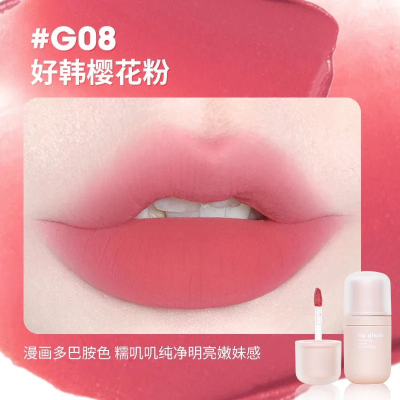 GOGO TALES G08 K-Beauty Blossom Pink lip swatch, dopamine pink, pure bright velvet finish.
