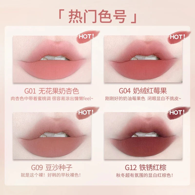 GogoTales lip mud, hot shades: G01, G04, G09, G12 swatches
