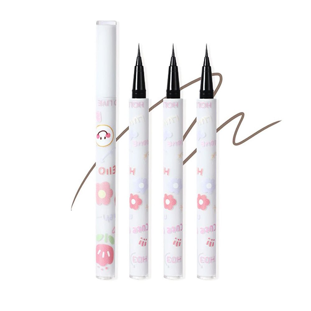 HOLD LIVE Ultra-fine Liquid Eyeliner, four pens with different shades and thin lines drawn.