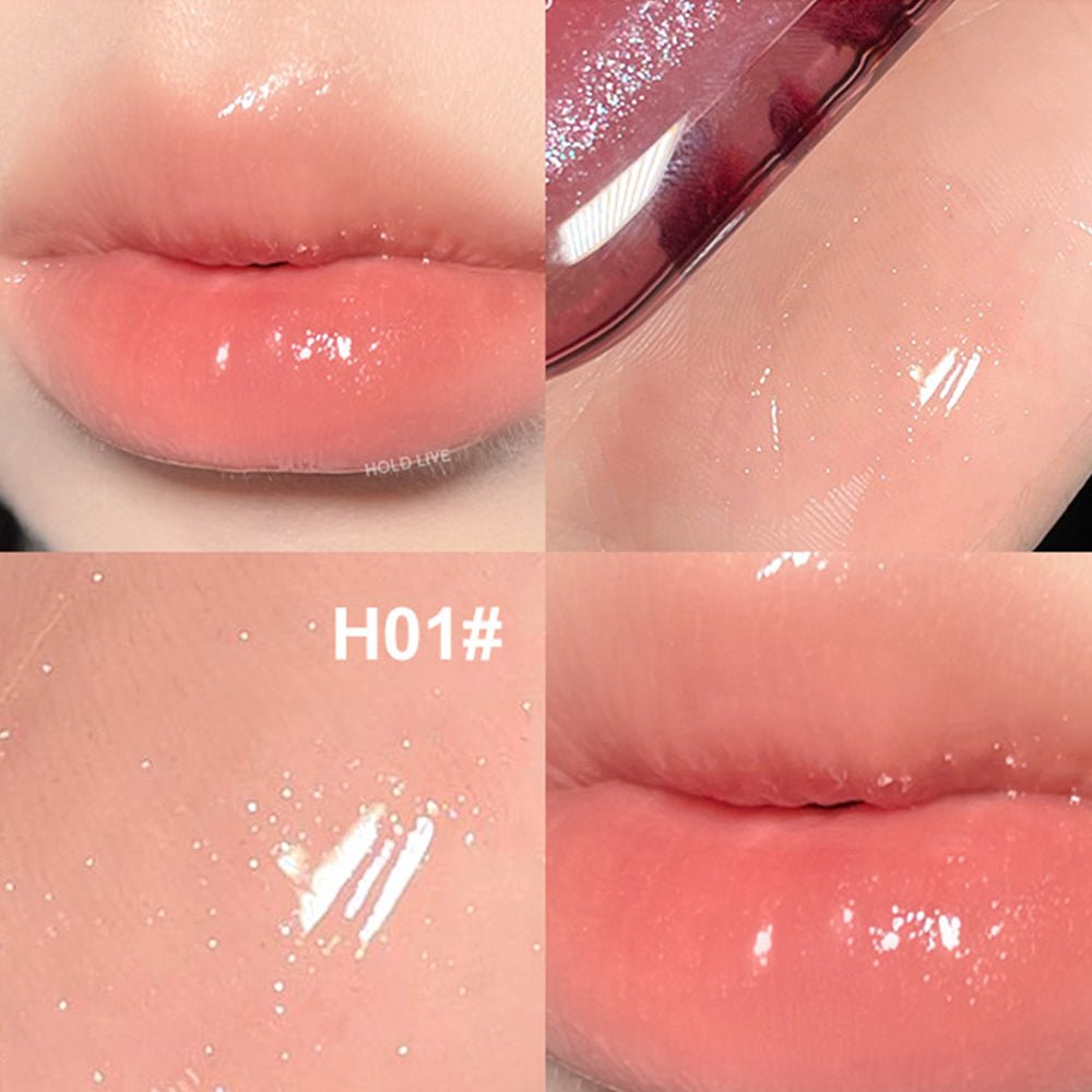 HOLD LIVE lip gloss swatch H01 light pink shimmer on skin and lips