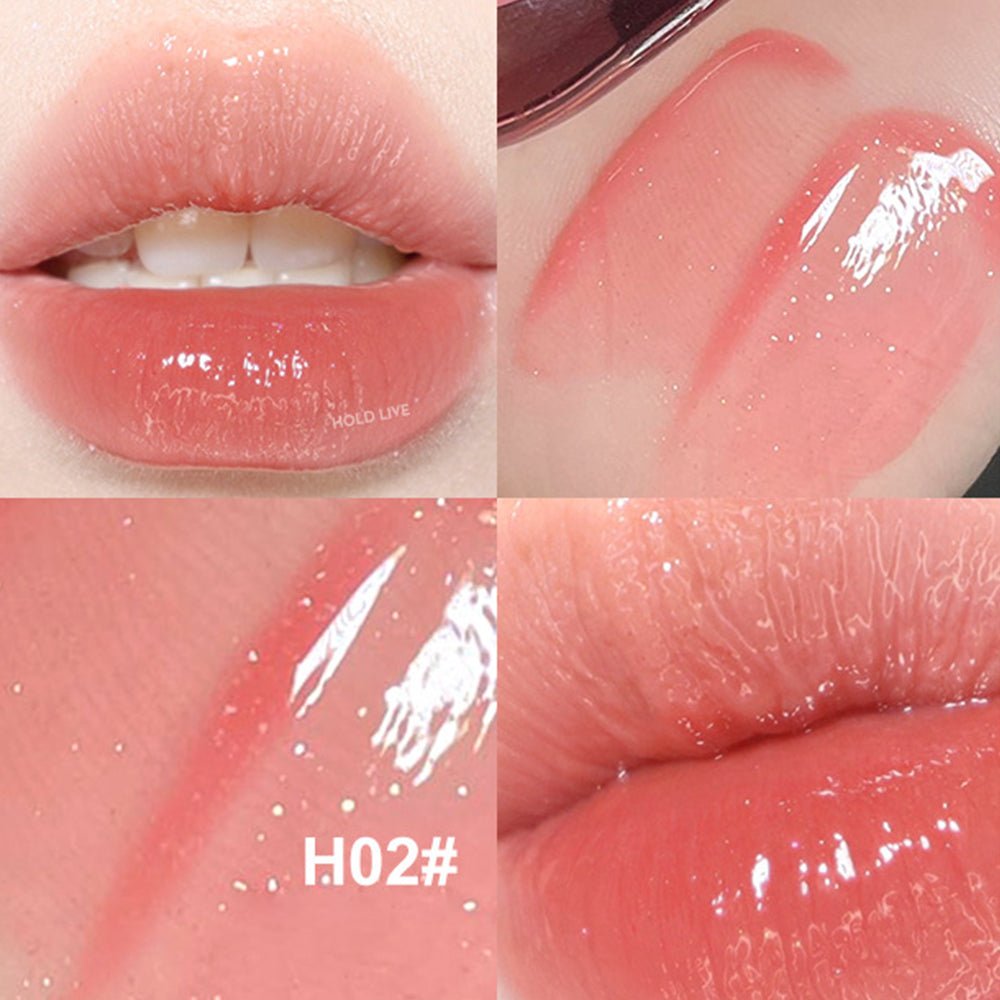 HOLD LIVE lip gloss swatch H02 peach coral on skin and lips
