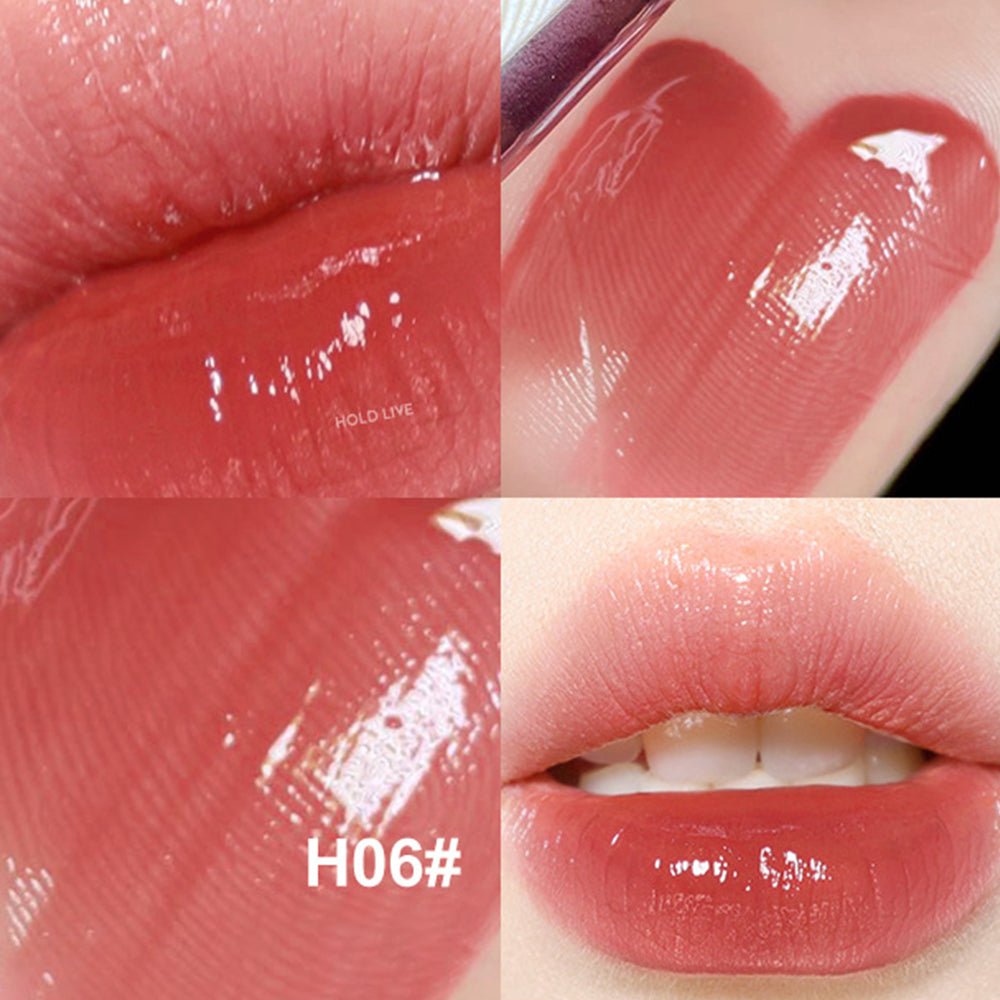 HOLD LIVE lip gloss swatch H06 rosy red on skin and lips