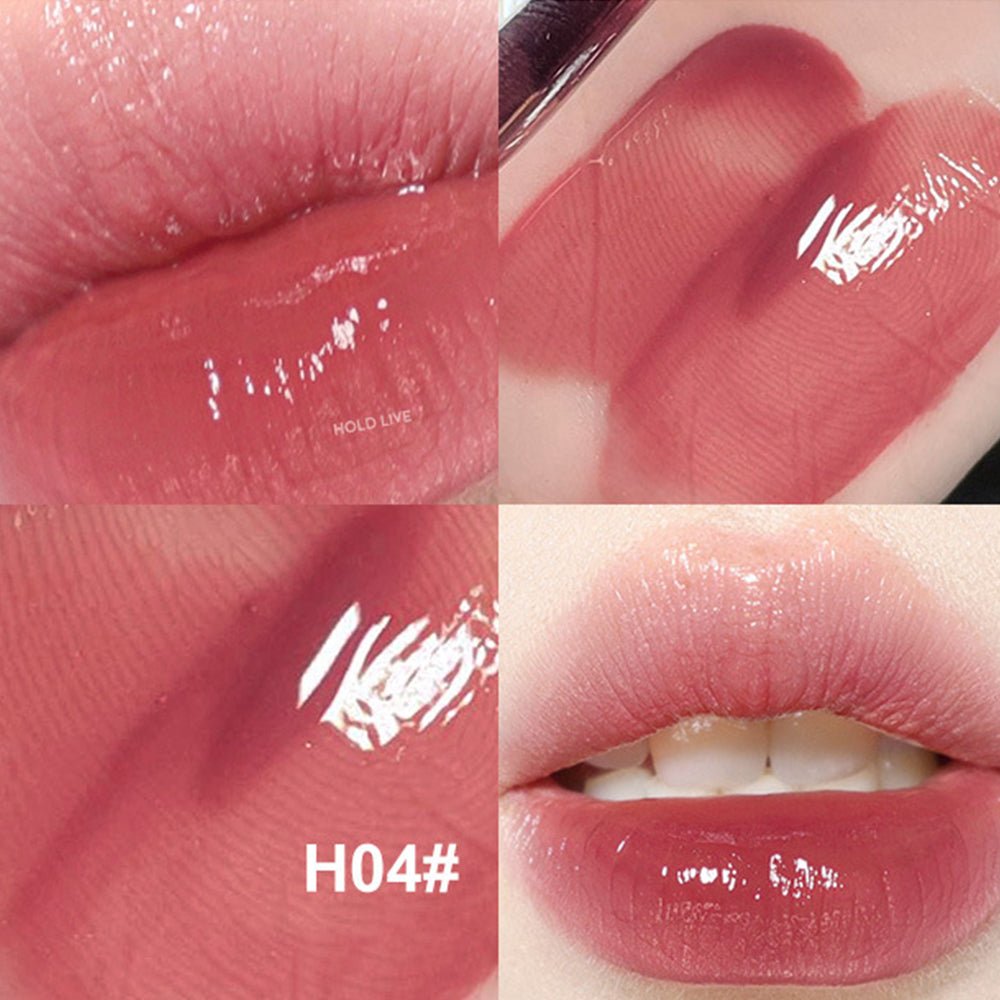 OLD LIVE lip gloss swatch H04 light brown nude on skin and lips