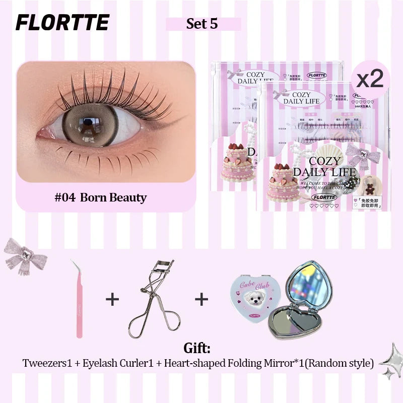 Set 5 Tweezers1 + Eyelash Curler1 + Heart-shaped Folding Mirror*1 (Random style)