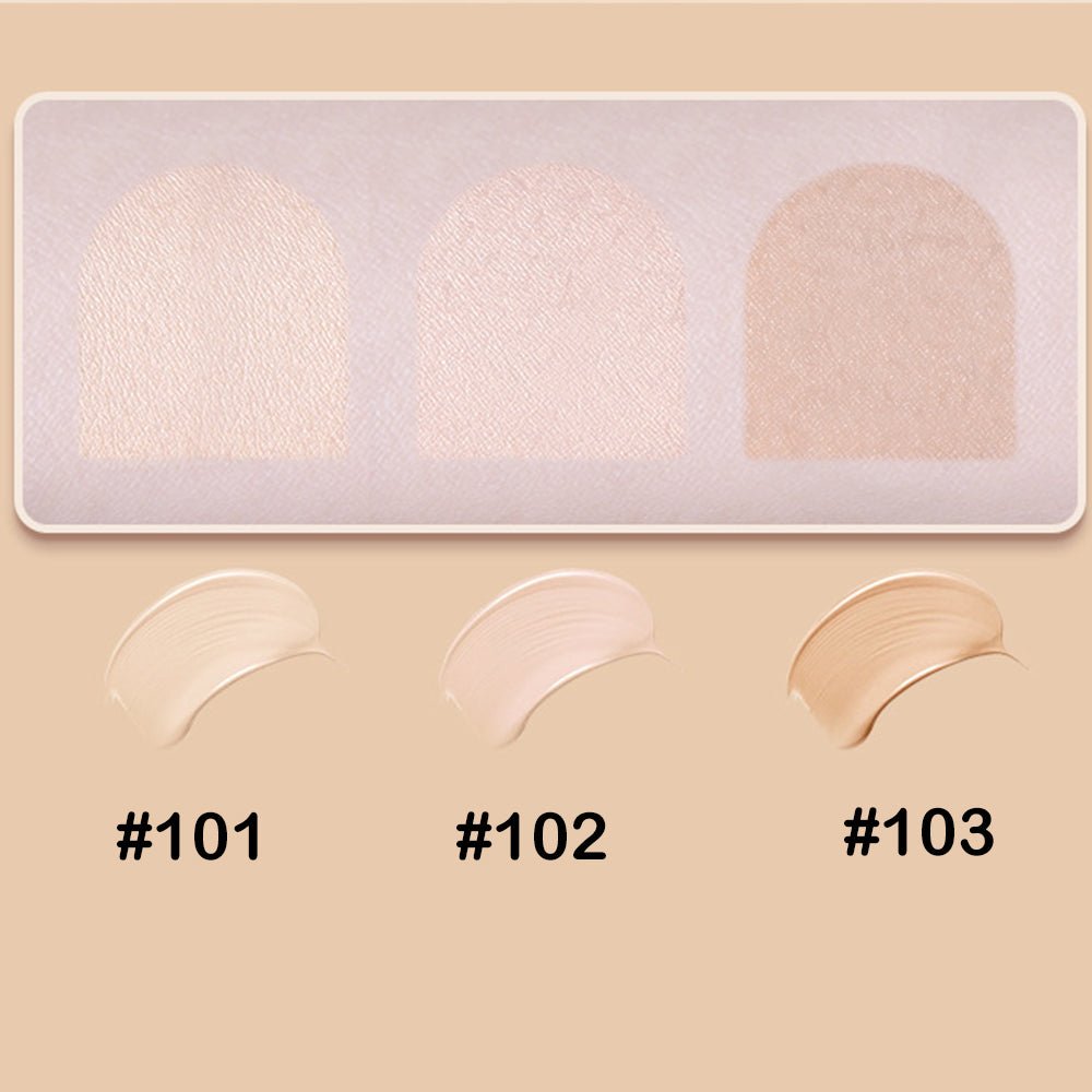 Swatches of GOGOTALES Double-ended Concealer Pencil shades #101, #102, and #103 on an arm and a color card.