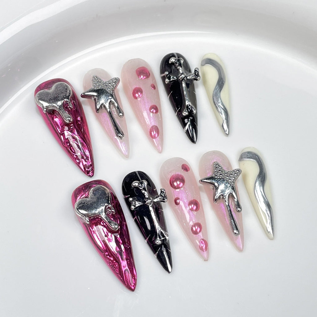 Elegant Long - Pointed Handmade Wearable Metal Relief Nails - GOGOTALES - GOGOTALESPresson nails